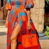 Dresses female | Printed Cross Strap V-Neck Wrap-Breasted Balloon Sleeve Maxi Dress Flower