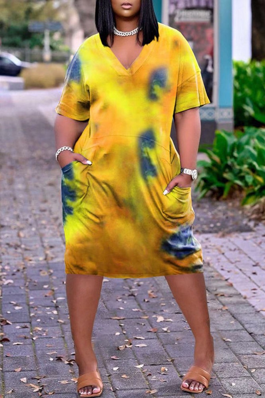 Dresses female | Cozy Tie Dye V-Neck Pocket Casual Dress