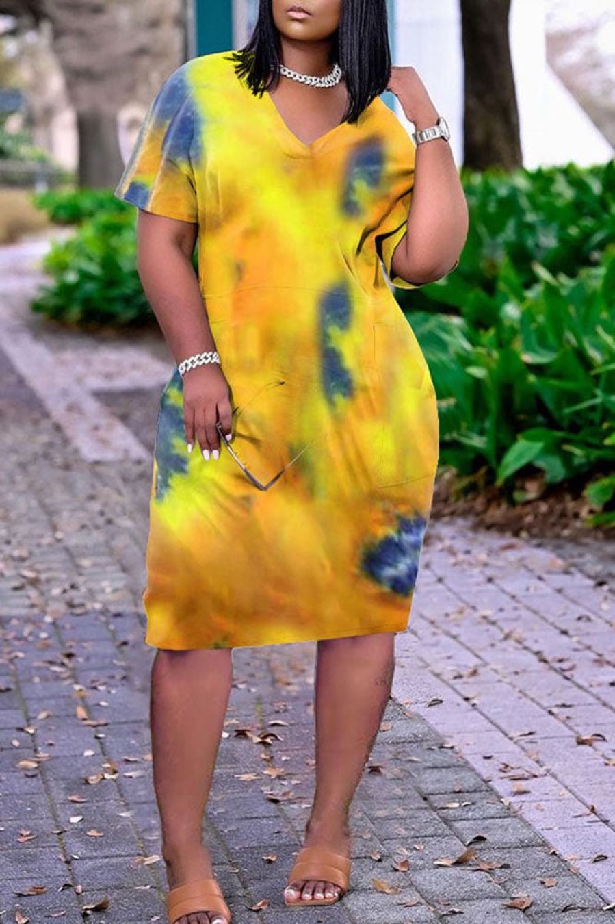 Dresses female | Cozy Tie Dye V-Neck Pocket Casual Dress