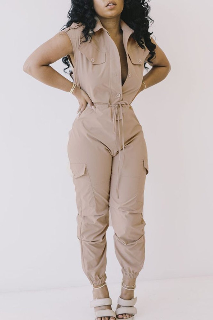 Jumpsuits & Rompers female | Fashion Cargo Pants Single Breasted Jumpsuit