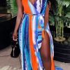 Dresses female | Irregular Stripe Print V-Neck Sleeveless Slit Maxi Dress (With Belt) Blue