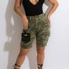 Bottoms female | High Waist Camo Print Shredded Pocket Denim Cropped Pants Army Green