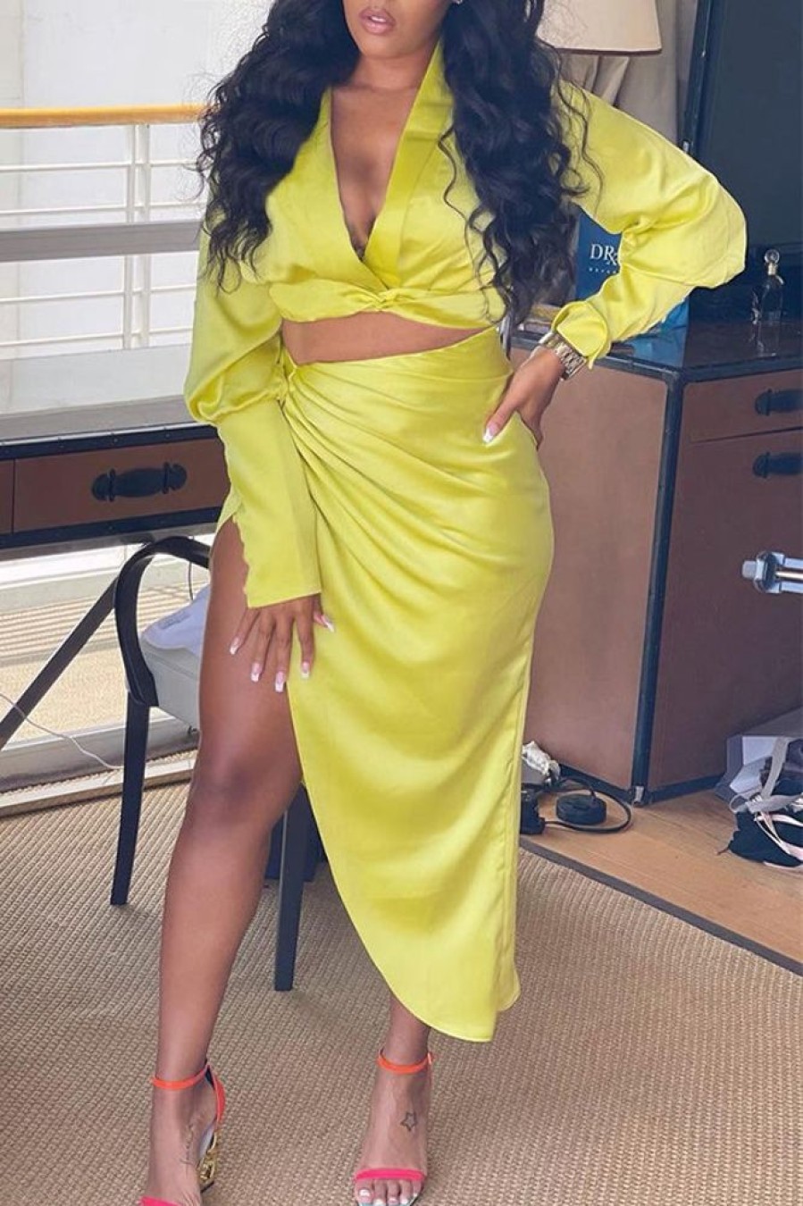 2-Pieces female | Sexy Solid Color Long Sleeve Deep V Neck Top Irregular Midi Skirt Suits Yellow