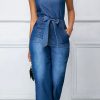 Jumpsuits & Rompers female | Retro Sleeveless Lace Up Pocket Slim Fit Denim Jumpsuits Blue