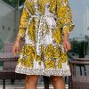 Dresses female | Fashion Luxurious Print Long Sleeve Lace-Up Midi Dress