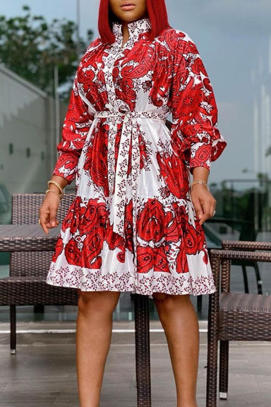 Dresses female | Fashion Luxurious Print Long Sleeve Lace-Up Midi Dress