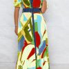 Dresses female | F Ion Color Block Print Short Sleeve Single Breasted Belt Maxi Dress