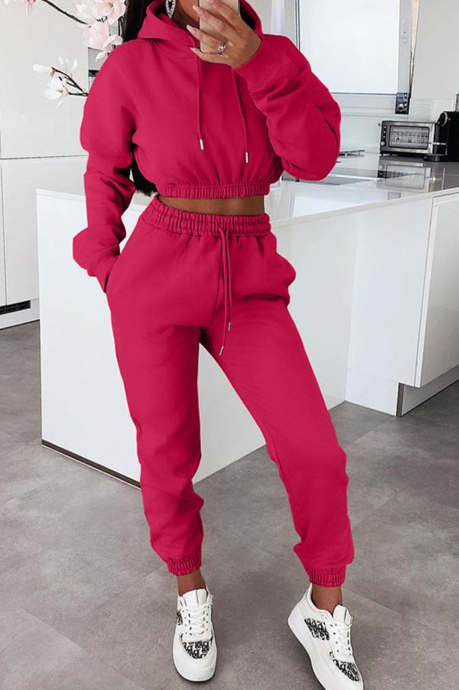 2-Pieces female | Comfort Solid Color Drawstring Short Hoodie Pant Suits