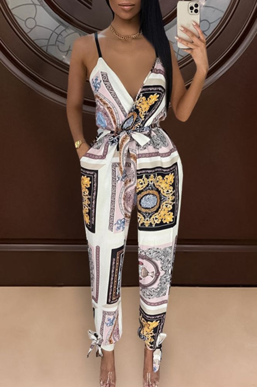 Jumpsuits & Rompers female | Fashion Printed Knotted Suspender Jumpsuit (With Belt)