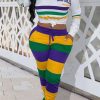 2-Pieces female | Casual Color Stripe Print Long Sleeve T-Shirt Slim Color Block Pant Suits Purple