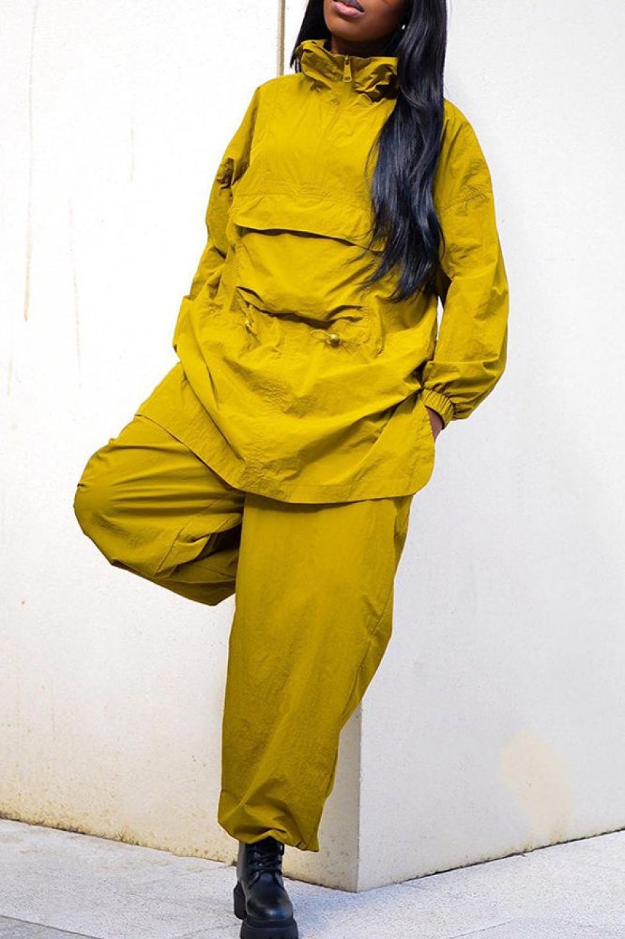 2-Pieces female | Fashion Trend Solid Color Loose Big Pocket Top Trousers Set Yellow