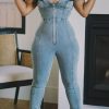 Jumpsuits & Rompers female | Plus Size Denim Puff Sleeve Zipper Jumpsuit Wathet Blue