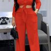 2-Pieces female | Fashion Solid Color Long Sleeve Knotted Blouse Wide Leg Pant Suits