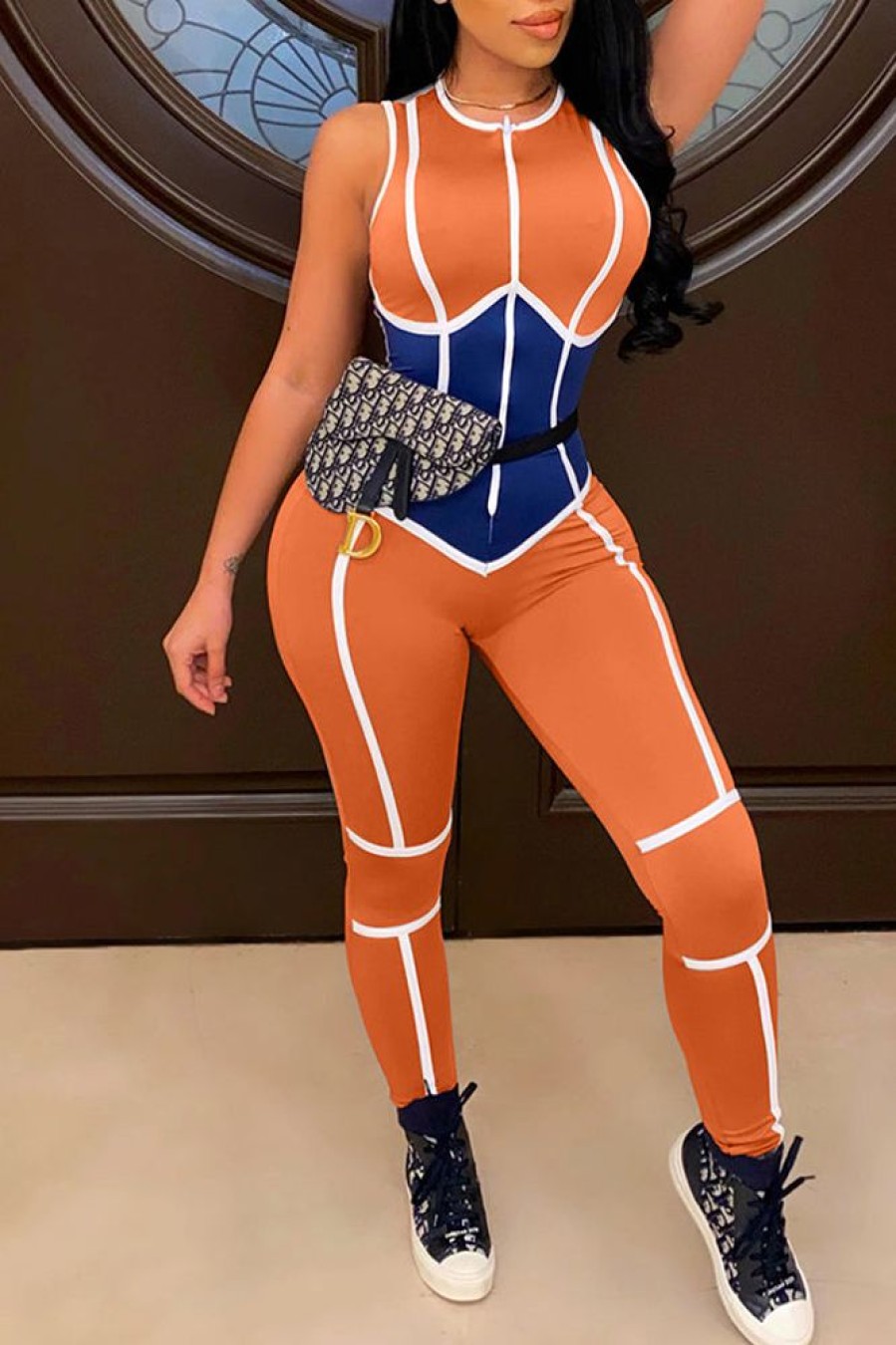 Jumpsuits & Rompers female | Sport Color Block Round Neck Sleeveless Skinny Jumpsuit