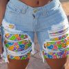 Bottoms female | Casual Ripped Patch Denim Straight Shorts Blue