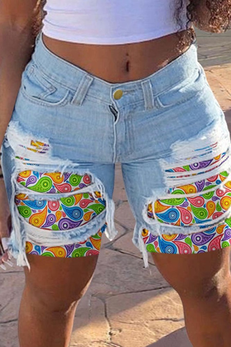 Bottoms female | Casual Ripped Patch Denim Straight Shorts Blue