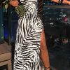 Dresses female | Zebra Print Halter Backless Side Slit Maxi Dress Black