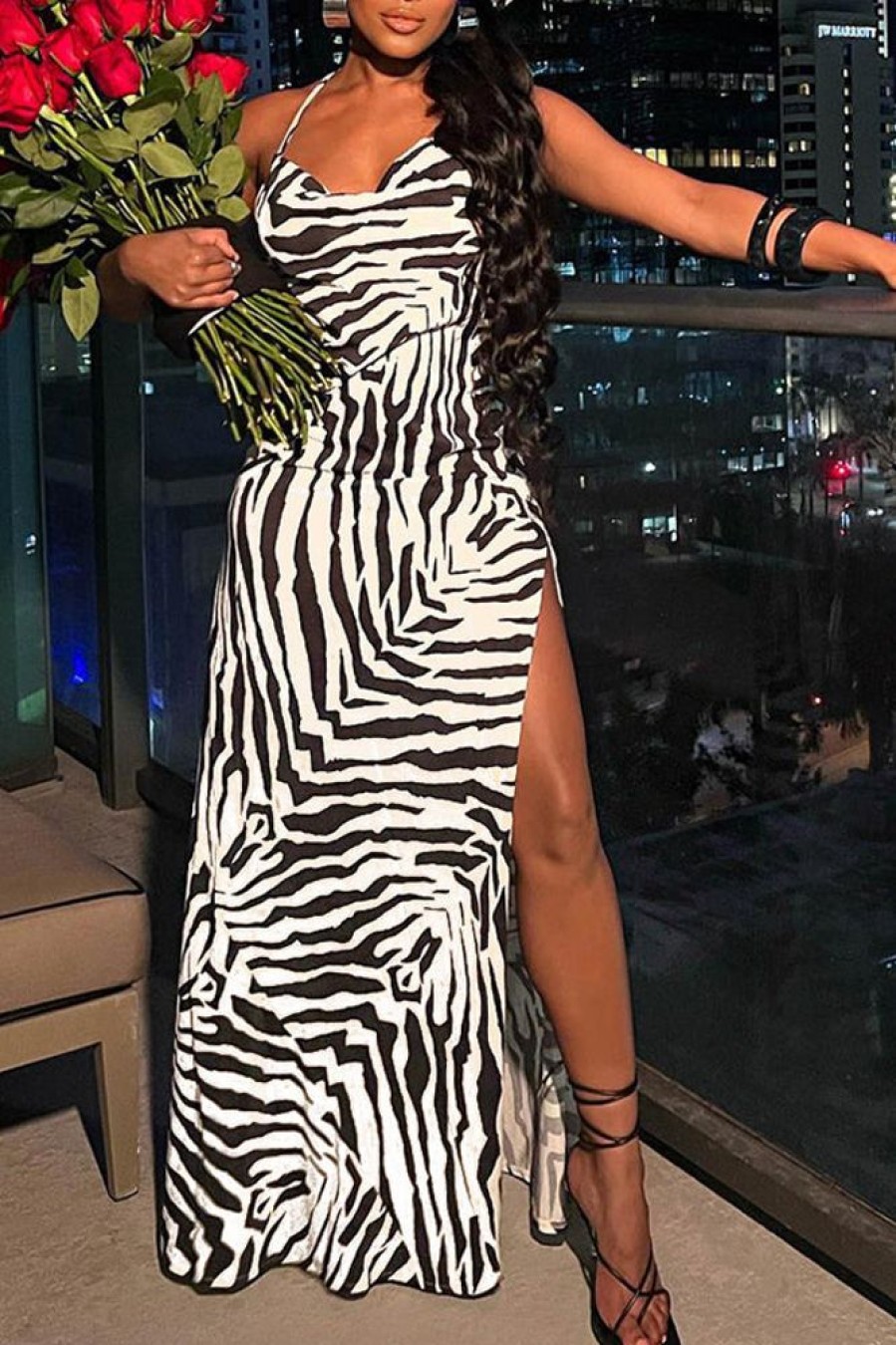 Dresses female | Zebra Print Halter Backless Side Slit Maxi Dress Black