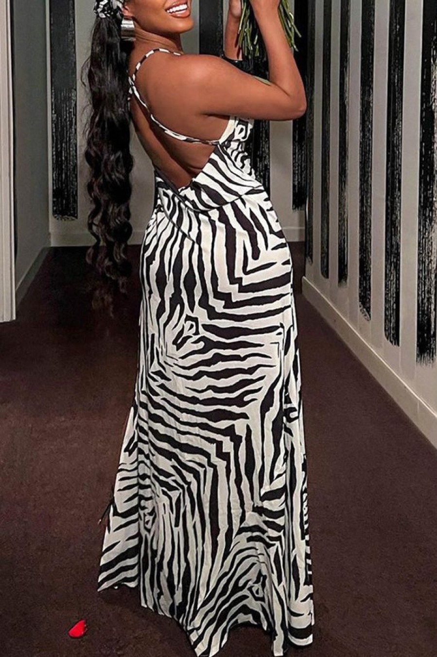 Dresses female | Zebra Print Halter Backless Side Slit Maxi Dress Black