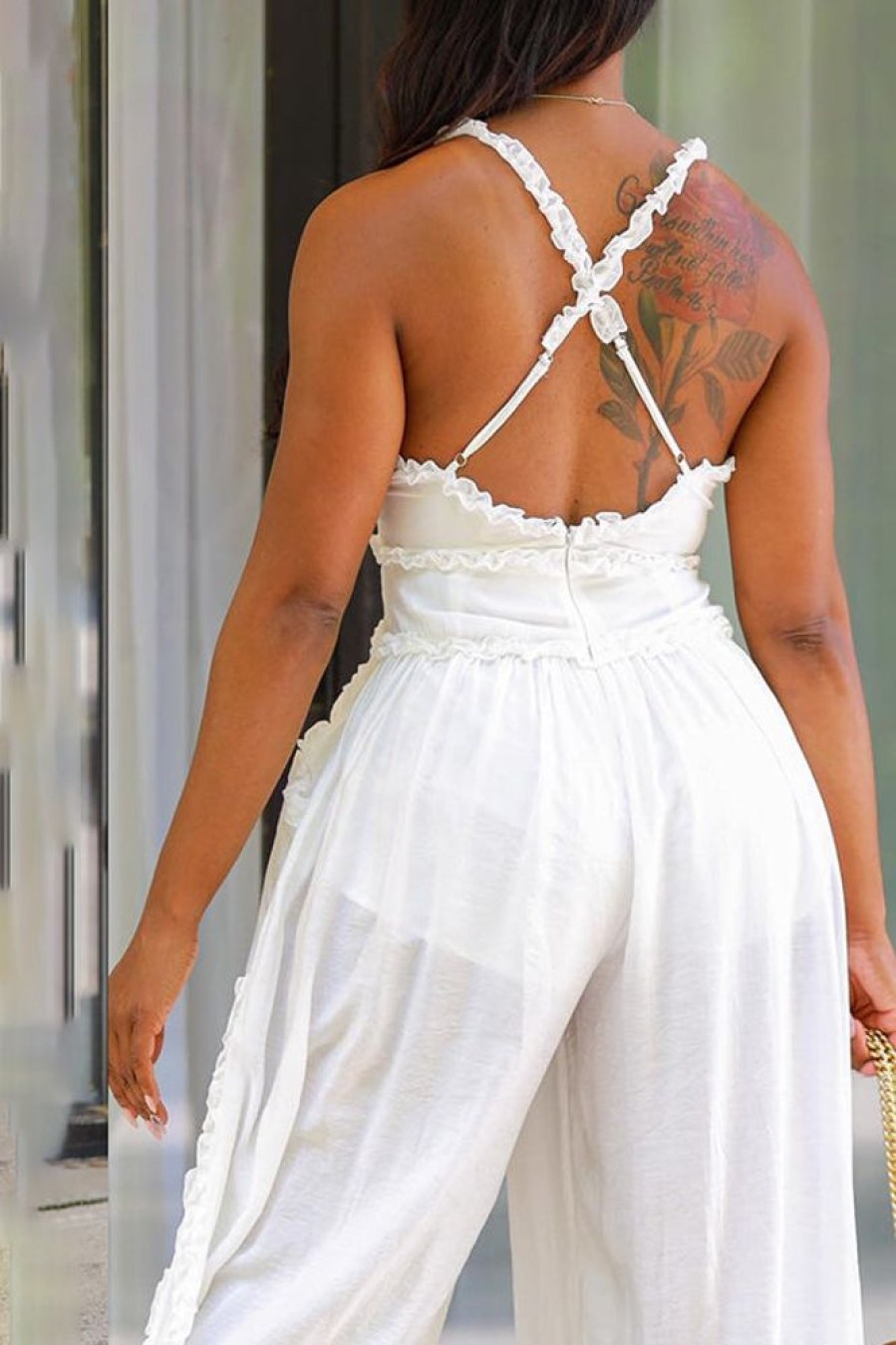 Dresses female | Fashionable Suspender Lace See-Through Wide-Leg Jumpsuit White