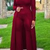 2-Pieces female | Casual Solid Color Long-Sleeved Slit Top Wide-Leg Pants Two-Piece Set