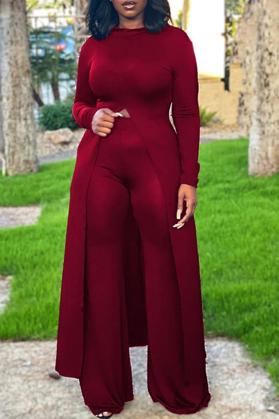 2-Pieces female | Casual Solid Color Long-Sleeved Slit Top Wide-Leg Pants Two-Piece Set