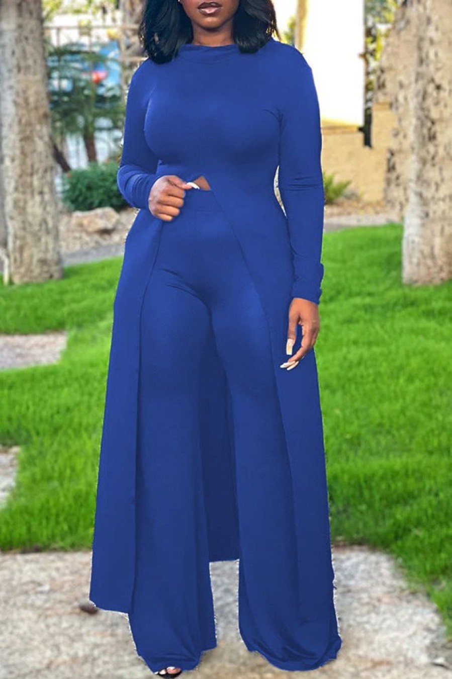 2-Pieces female | Casual Solid Color Long-Sleeved Slit Top Wide-Leg Pants Two-Piece Set