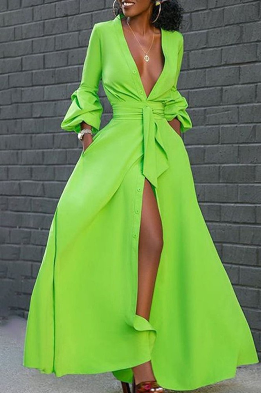 Jumpsuits & Rompers female | Elegant Sexy Pile Sleeve Solid Color Slit Dress