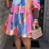 Dresses female | Fashion Puff Sleeve Multicolor Tie Dye Print A Swing Dress Rose Red