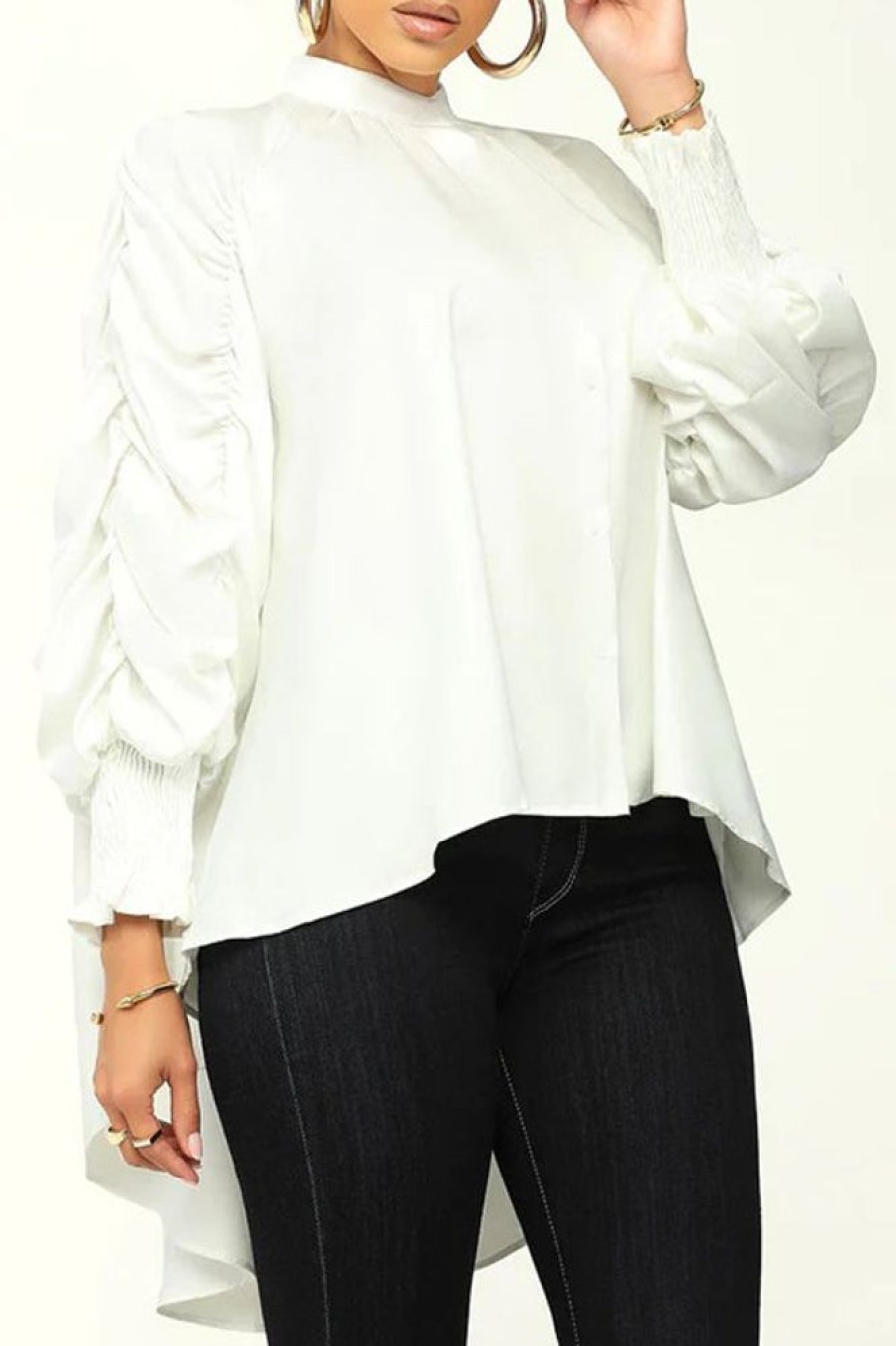 Tops & Outerwear female | Fashion Solid Color Stand Collar Ruched Sleeve Blouse