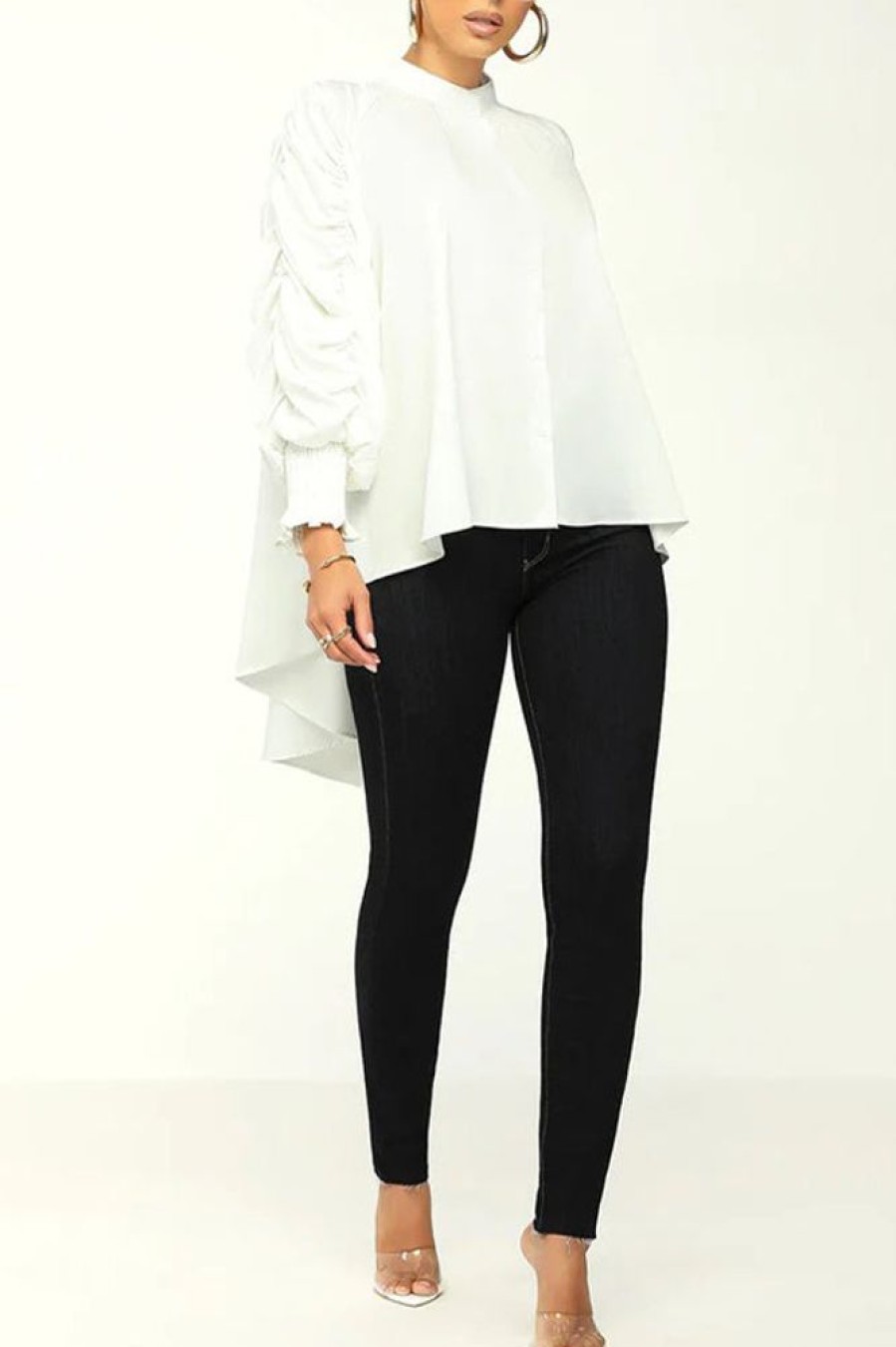 Tops & Outerwear female | Fashion Solid Color Stand Collar Ruched Sleeve Blouse