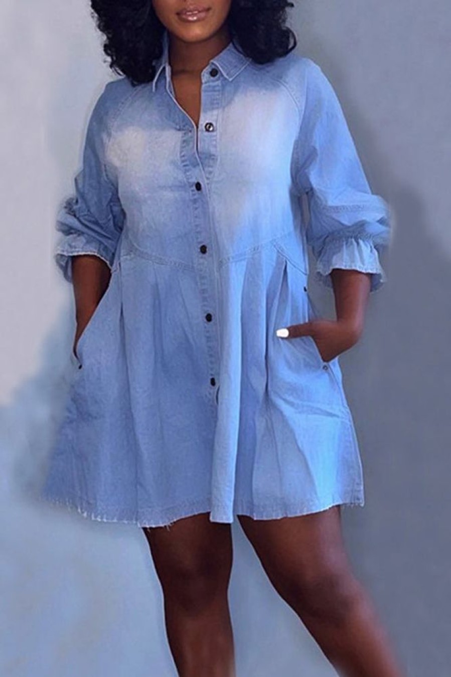 Dresses female | Casual Single Breasted Half Sleeve Shirt Collar Denim Mini Dress Wathet Blue