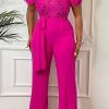 Jumpsuits & Rompers female | Fashion Short Sleeve High Waist Slim Fit Lace Jumpsuit Rose Red