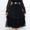 Dresses female | Temperament Mesh Flocking Long Sleeve Ruffle Midi Dress£¨Without Belt£© Black