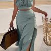 2-Pieces female | Sexy Wrapped Chest Sleeveless Tube Top Two-Piece Long Dress With Slits Blue