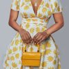 Dresses female | Fashion Pleated Waist Deep V Zip Dress Yellow