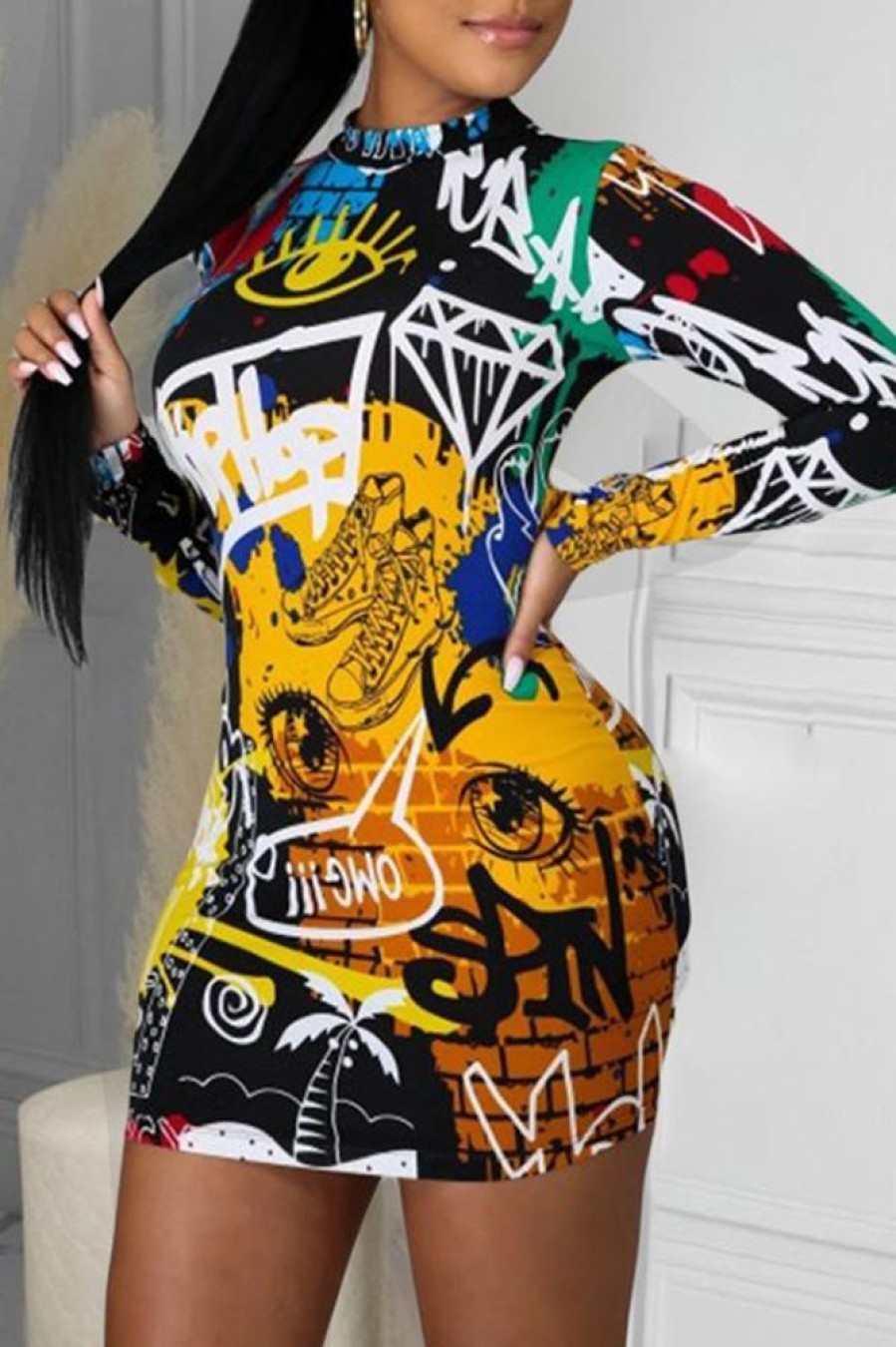 Dresses female | Sexy Graffiti Print Zipper Mini Dresses Yellow