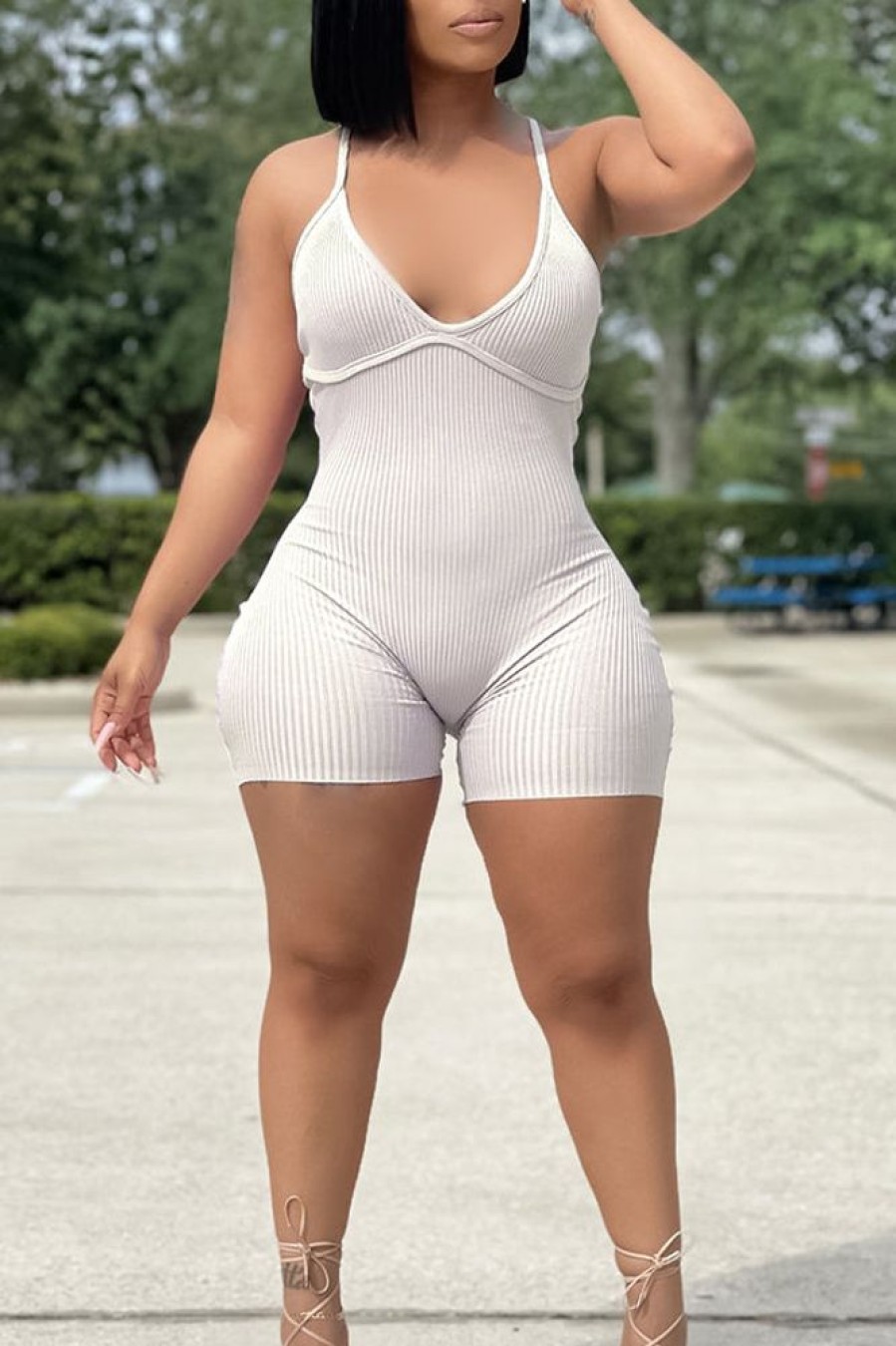 Jumpsuits & Rompers female | V-Neck Solid Color Ribbed Sleeveless Romper