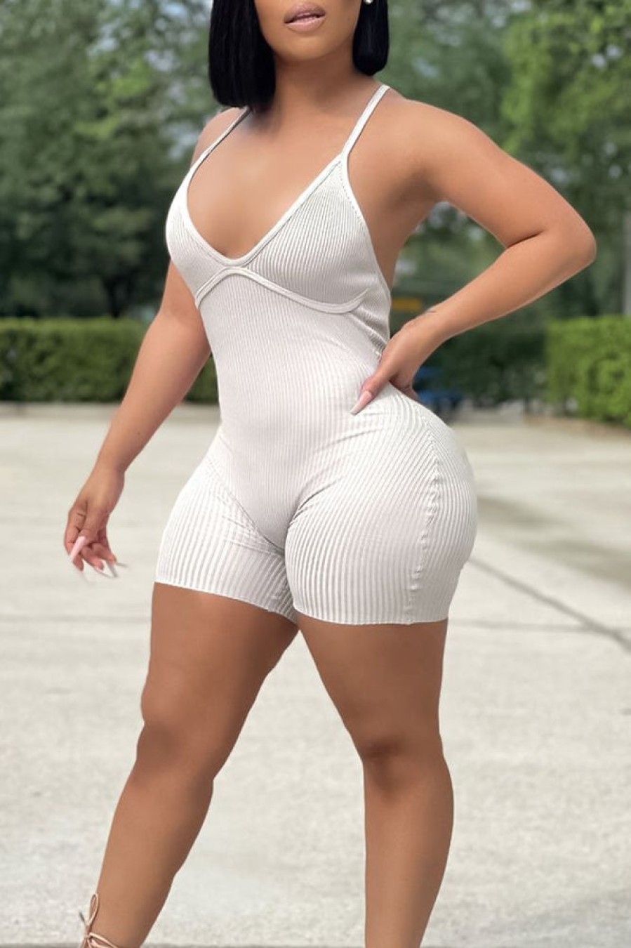 Jumpsuits & Rompers female | V-Neck Solid Color Ribbed Sleeveless Romper