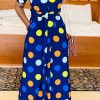 Jumpsuits & Rompers female | Polka Dot Print V Neck Lace Up Wide Leg Jumpsuit Blue