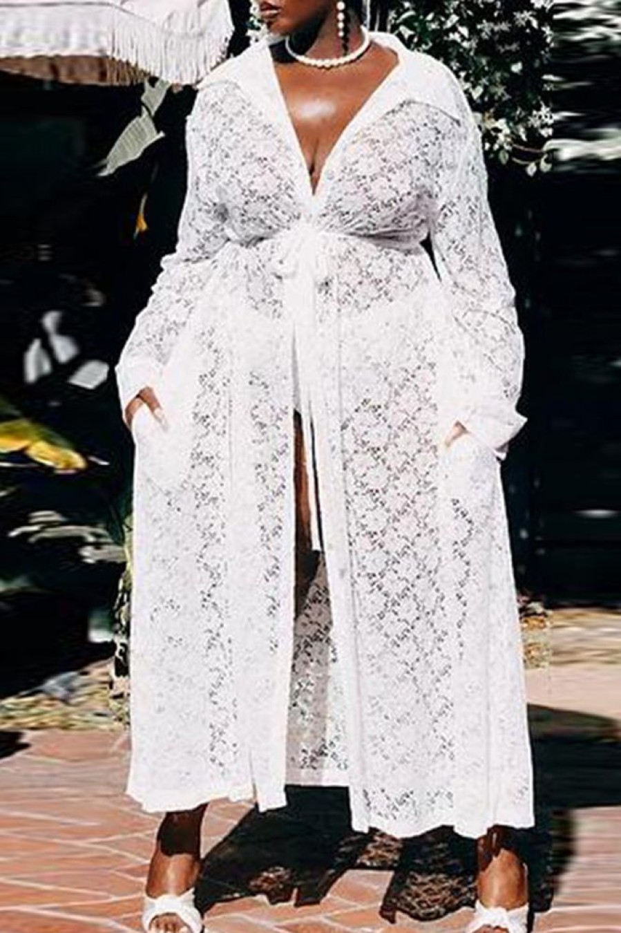 Swimwear female | Fashion V-Neck Tie Waist Lace Plus Size Long Cover-Up White