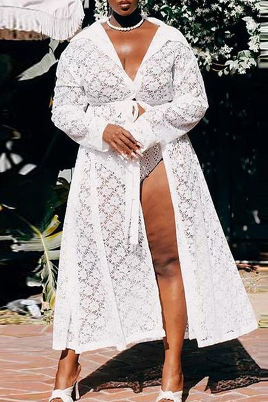 Swimwear female | Fashion V-Neck Tie Waist Lace Plus Size Long Cover-Up White