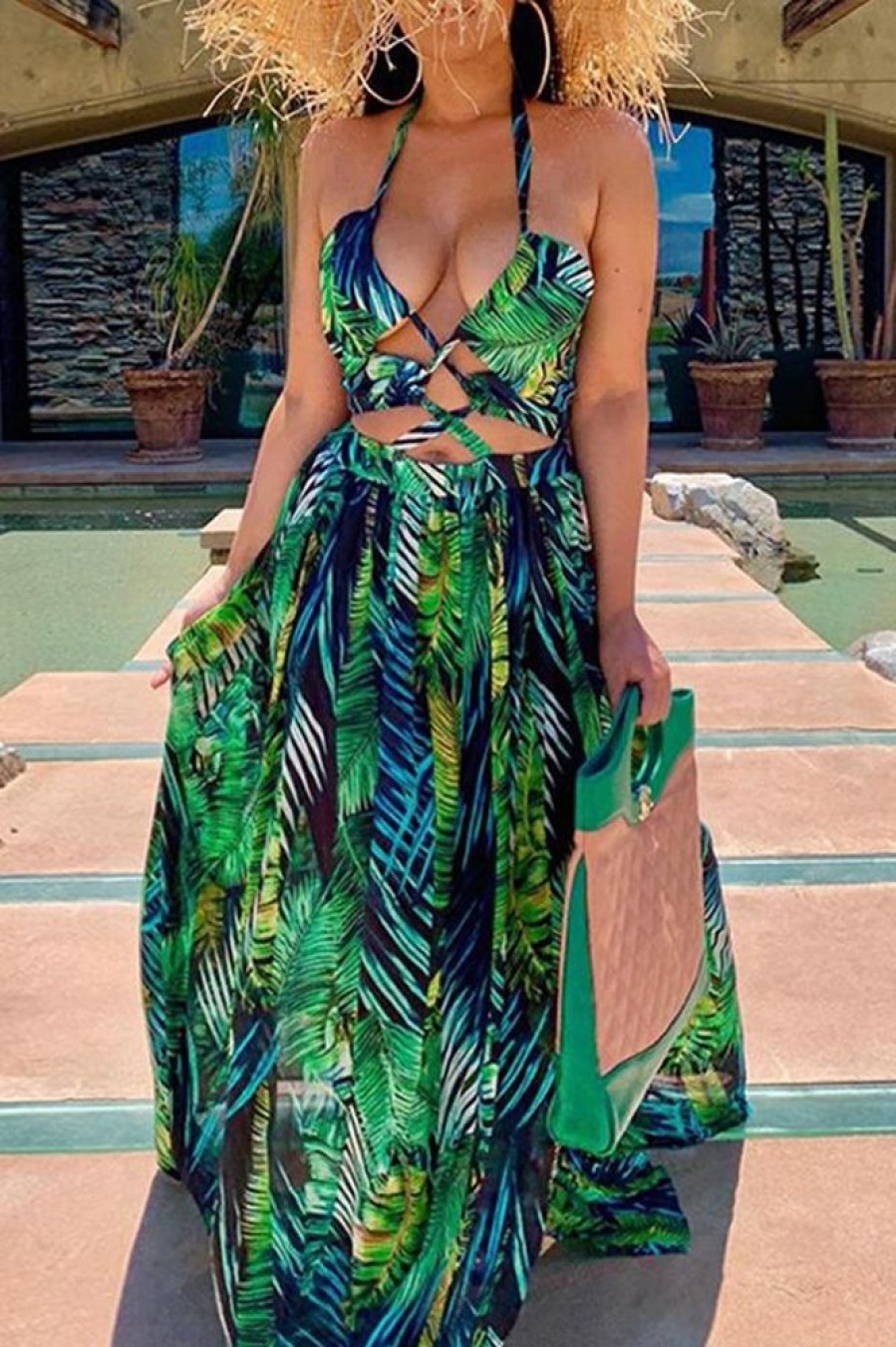 Dresses female | Sexy Floral Print Halter Sleeveless Maxi Dress