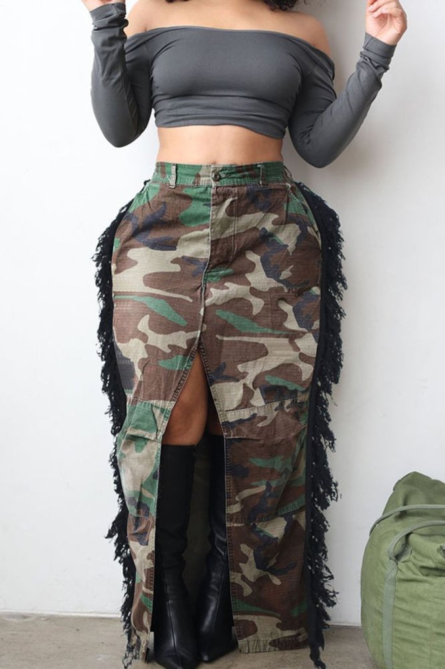 Bottoms female | Camouflage Washed Tassel High Slit Skirt Army Green