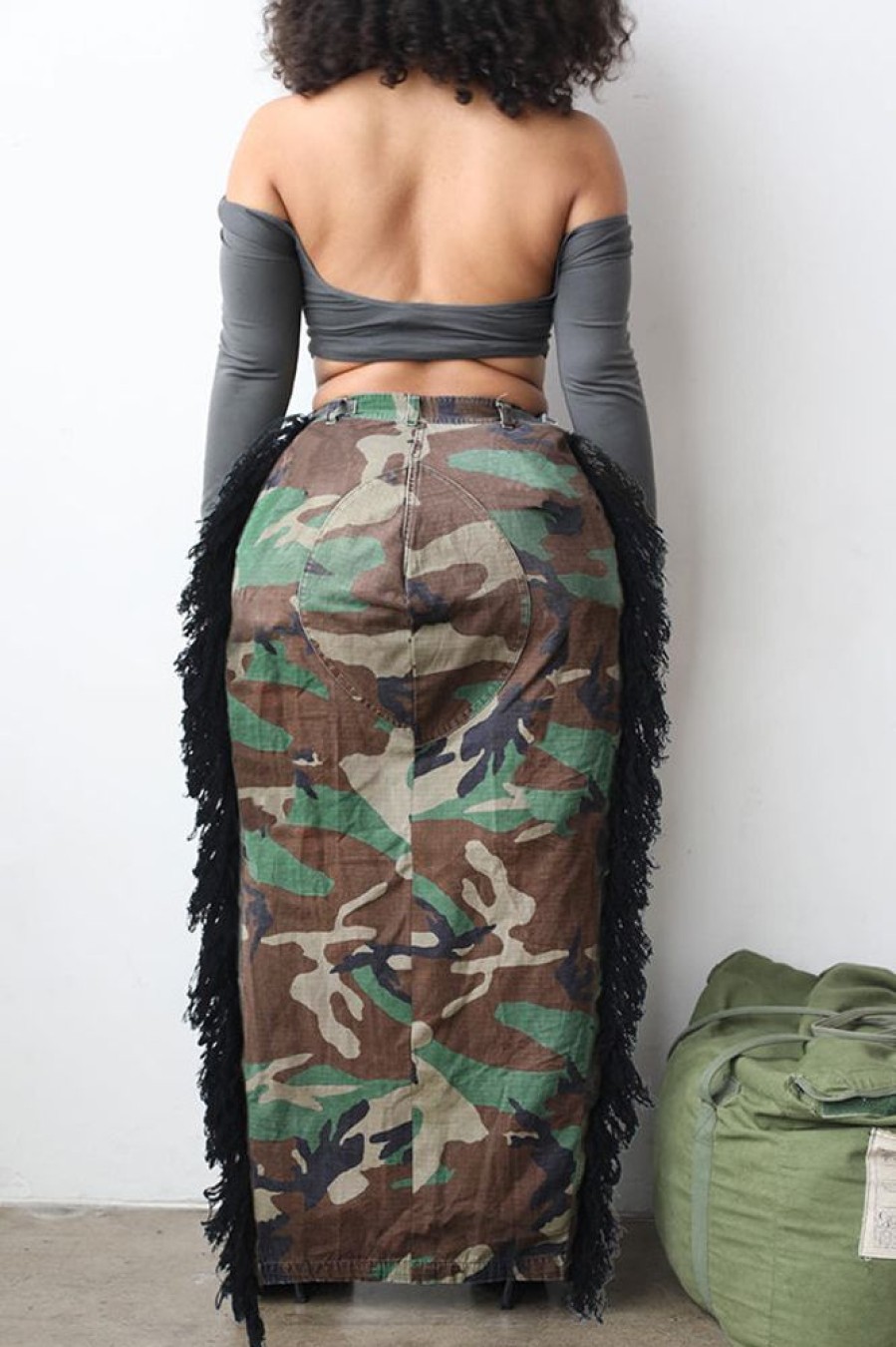 Bottoms female | Camouflage Washed Tassel High Slit Skirt Army Green