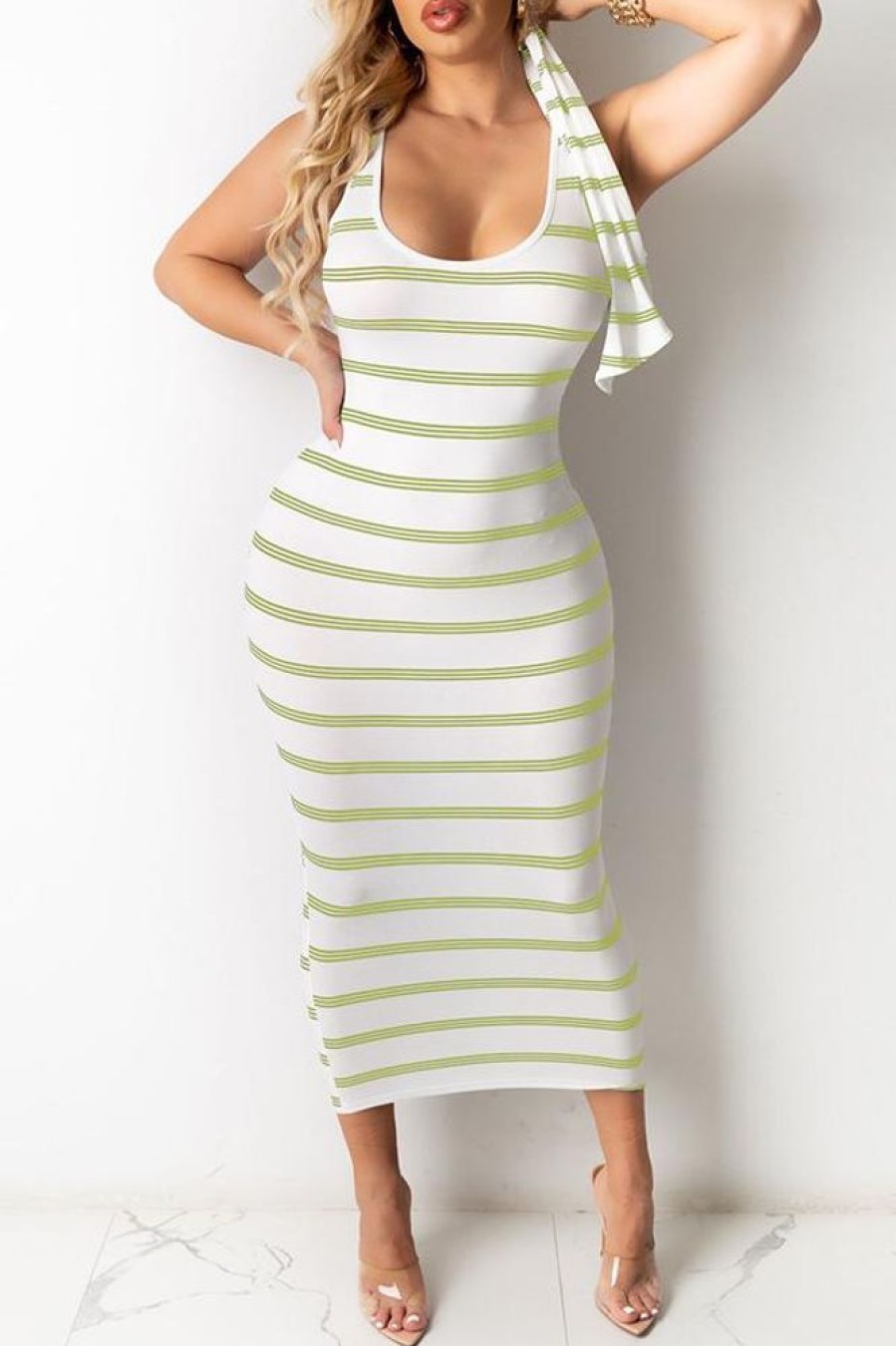 Dresses female | Casual Striped Print Tie Waist Maxi Dress