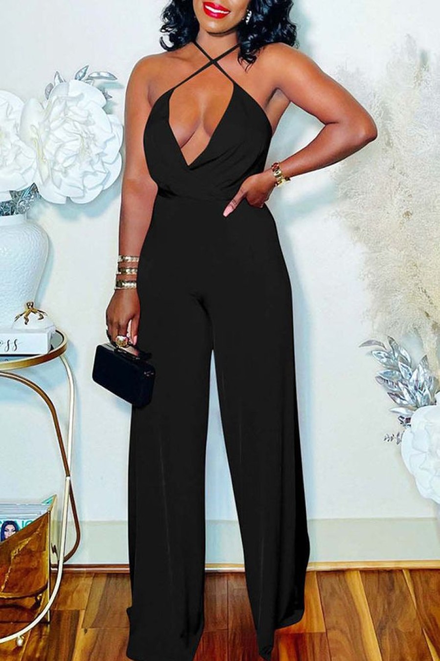 Jumpsuits & Rompers female | On-Trend Backless Halter Wide Leg Jumpsuit Black