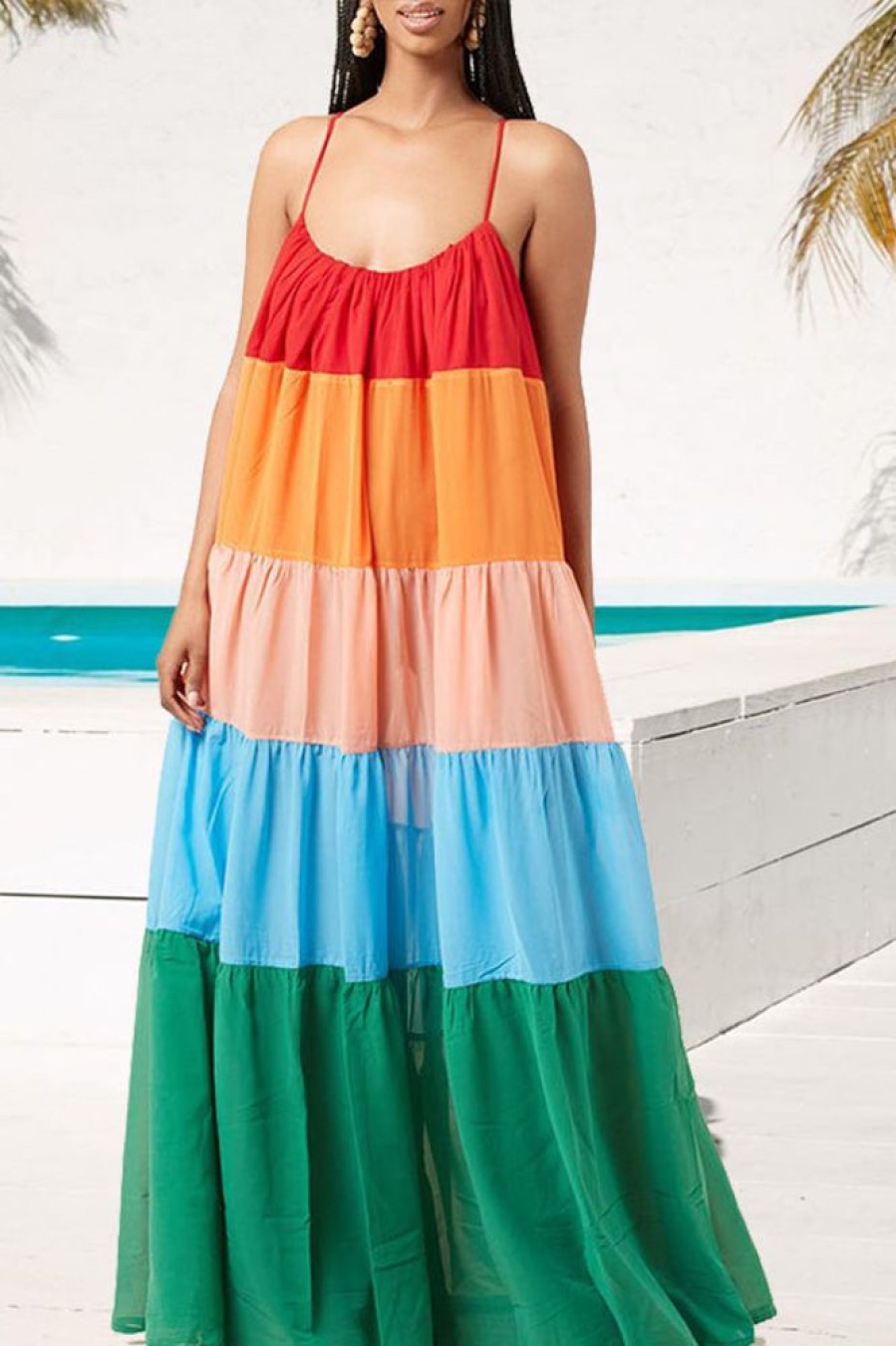 Dresses female | Colorblock Layered Pleated Loose Slip Maxi Dress Multicolor