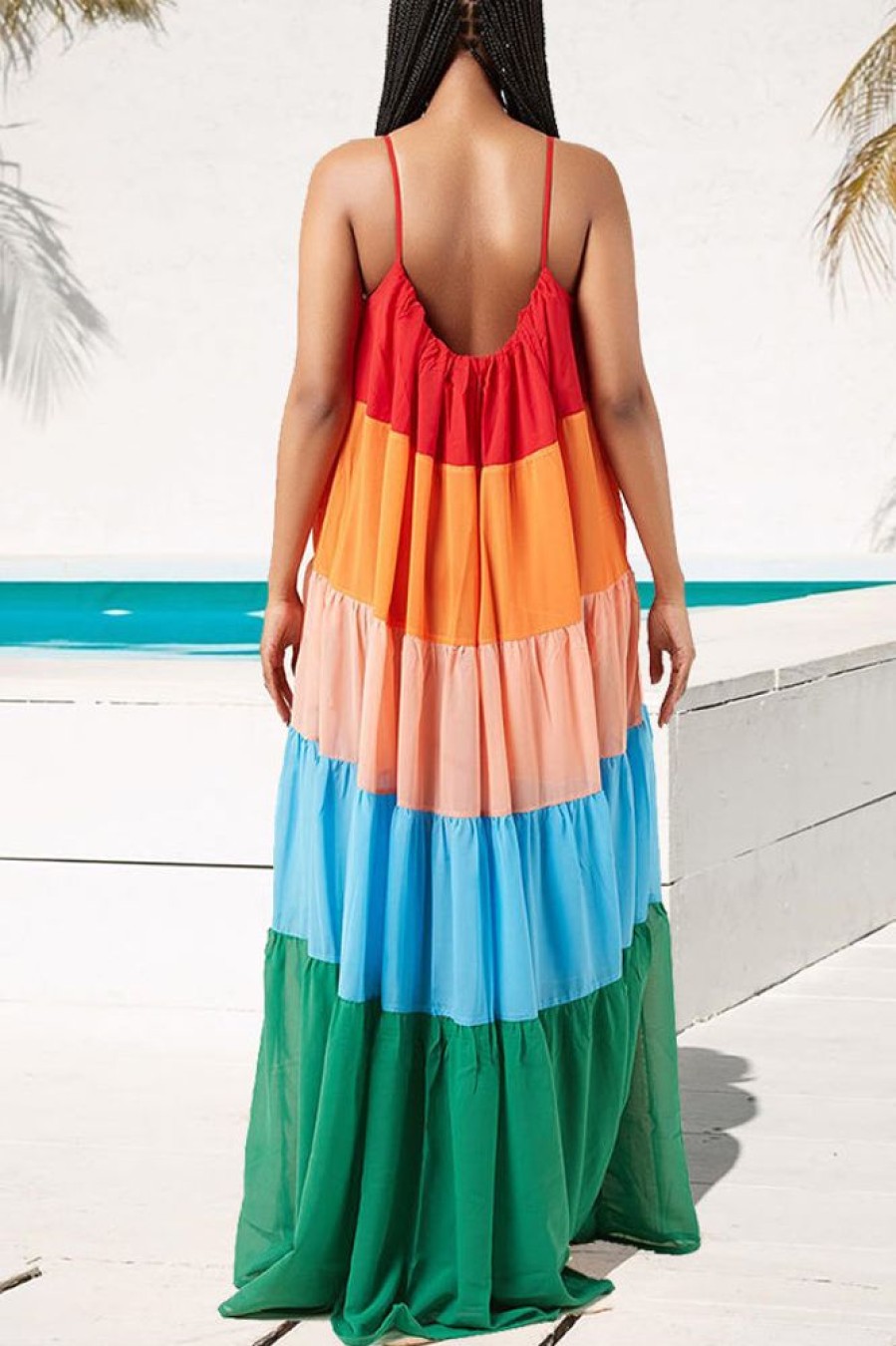 Dresses female | Colorblock Layered Pleated Loose Slip Maxi Dress Multicolor