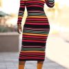 Dresses female | Temperament Color Striped Slim Stretch Maxi Dress Black